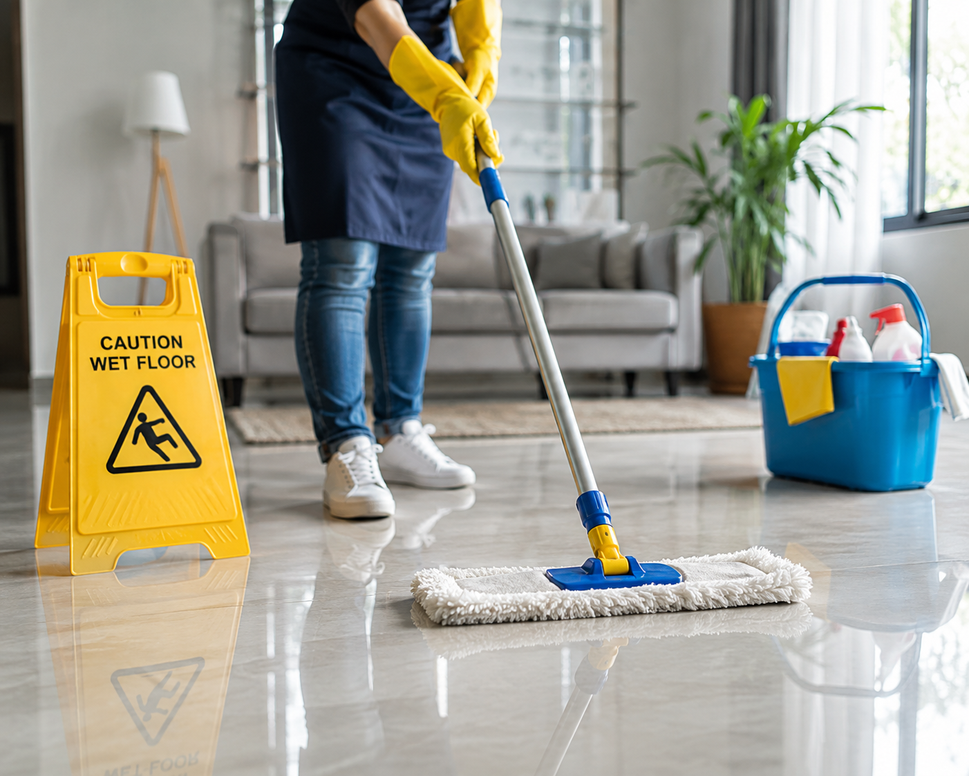 Floor cleaning in progress