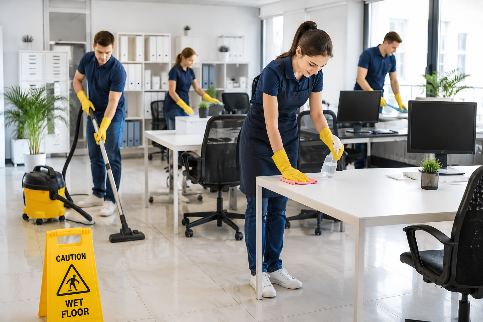 Office workspace being cleaned